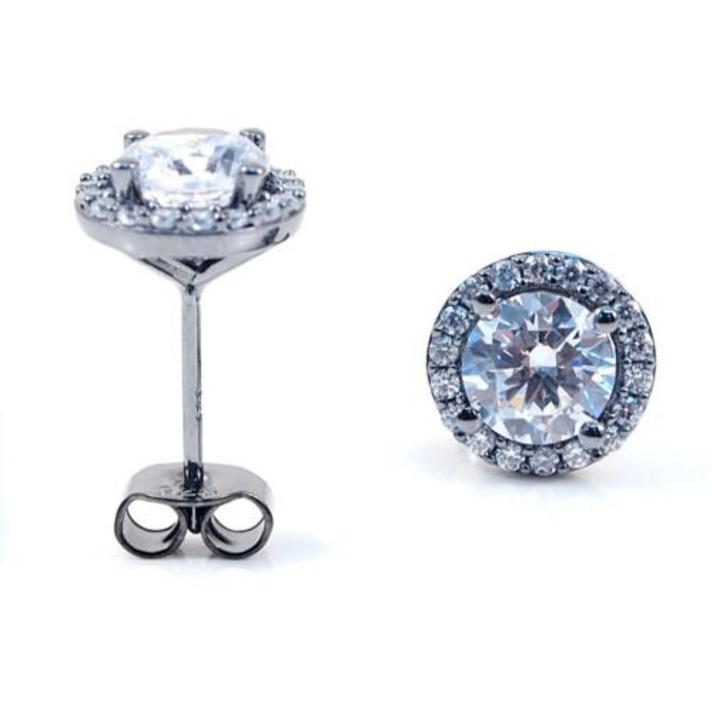 Silver Round Stud Earrings with Halo  In White